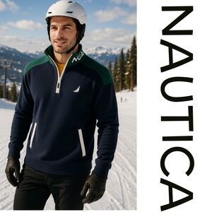 Nautica Colorblock Quarter-Zip Pullover Sweatshirt — Navy & Green Men’s Xl